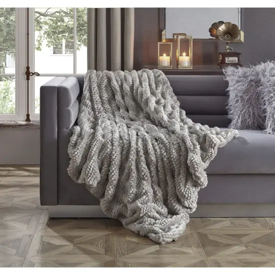 Adina Faux Fur Honeycomb Texture Knit Throw Grey {1}