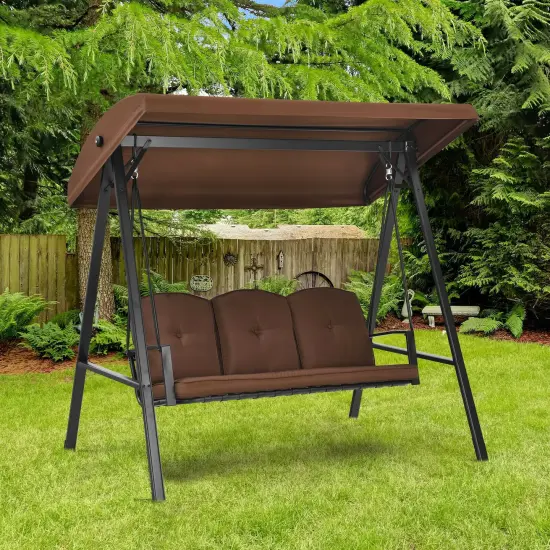 Outdoor 3-Seat Porch Swing with Adjust Canopy and Cushions Coffee {2}