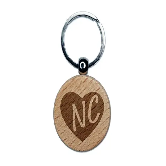 NC North Carolina State in Heart Engraved Wood Round Keychain Tag Charm {1}