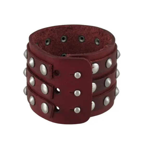 Brown Leather 3 Row Cone Spiked Wristband Wrist Band {3}