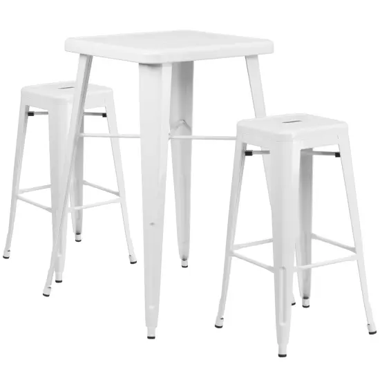 Emma and Oliver Commercial Grade 23.75" Square Metal Indoor-Outdoor Bar Set & 2 Backless Stools White {1}