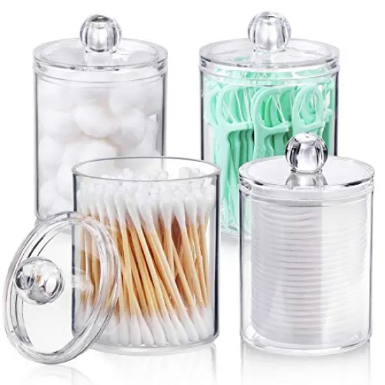 4 PACK Qtip Holder Dispenser for Cotton Ball, Cotton Swab, Cotton Round Pads, Floss Picks - 10 oz Clear Plastic Apothecary Jar Set for Bathroom Canister Storage Organization, Vanity Makeup Organizer {1}