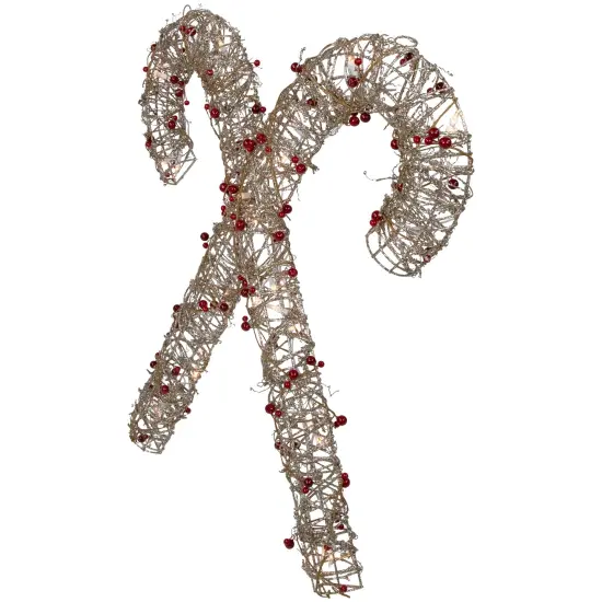 Northlight 25" Lighted Champagne Gold Glittered Rattan Double Candy Cane Christmas Outdoor or Window Decoration {6}