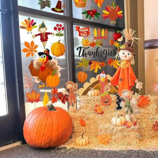 Happy Storm Thanksgiving Window Clings, Thanksgiving Window Stickers Deals Decor, Fall Leaves Window Clings for Glass Window, Double Sided Turkey Window Clings for Home Office Decorations {2}