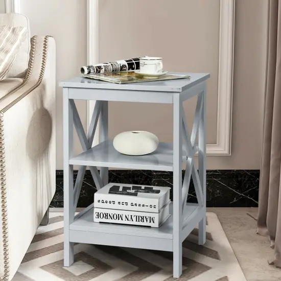 Multi-Functional Side Table with 3 Tier Storage Compartment and X-Shaped Side Design Grey {2}