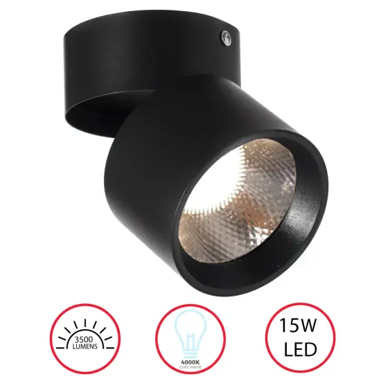 Aluminum Round LED Ceiling Spotlight with Adjustable Downlight, 15 Watt Cool White 4000K, Energy-Efficient Ceiling-Mounted Spot Lighting - Modern Fixture - for Home, Office, and Commercial Spaces Black {1}