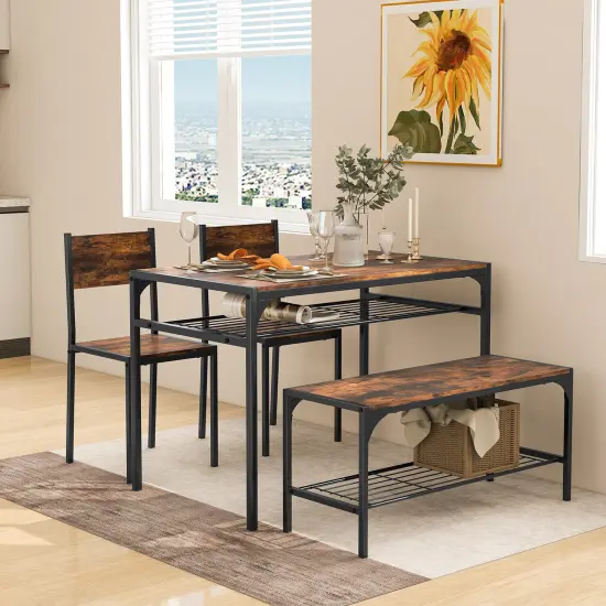 Wood Industrial Rectangular Dining Table with Bench and Metal Chairs Rustic Brown {6}