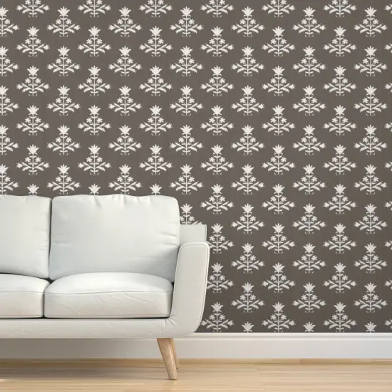 Pre-Pasted Wallpaper 2FT Wide Block Print Floral Tulip Traditional Bohemian Ikat Gray Brown Neutral Custom Pre-pasted Wallpaper by Spoonflower {5}