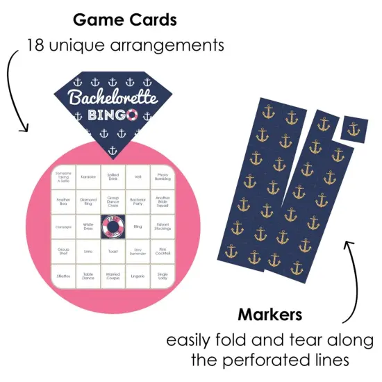 Big Dot of Happiness Last Sail Before the Veil - Bar Bingo Cards and Markers - Nautical Bachelorette and Bridal Shower Shaped Bingo Game - Set of 18 {3}