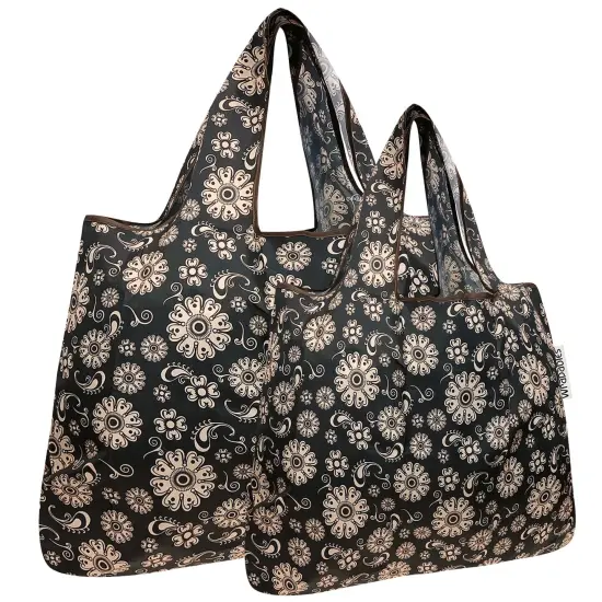 Wrapables Large & Small Foldable Tote Nylon Reusable Grocery Bags, Set of 2 Floral Deco {1}