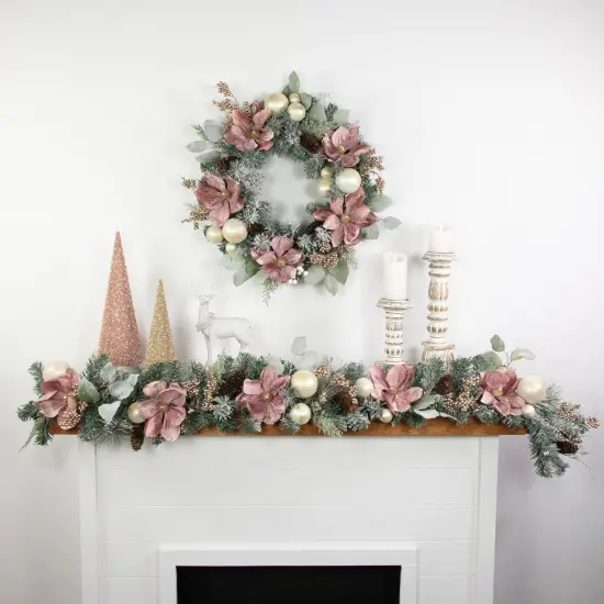 Northlight Floral and Ball Ornament Frosted Pine Artificial Christmas Wreath - 24" -Pink - Unlit Green {4}