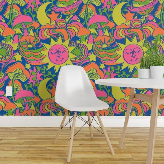 Peel & Stick Wallpaper 2FT Wide Neon Suns Blue Groovy Kitsch 70S 1970S Retro Whimsical Moon Stars Boho Colorful Hippie Custom Removable Wallpaper by Spoonflower {1}