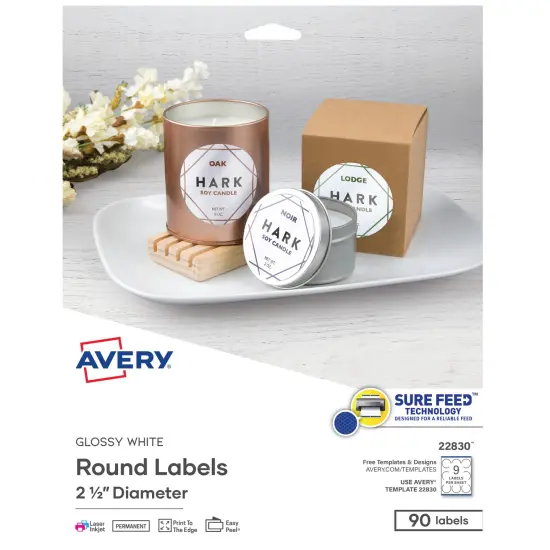 Avery Printable Round Labels with Sure Feed, 2.5" Diameter, Glossy White, 90 Customizable Labels (22830) {1}