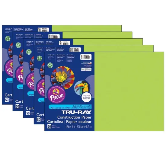 Construction Paper, Brilliant Lime, 12" x 18", 50 Sheets Per Pack, 5 Packs {1}
