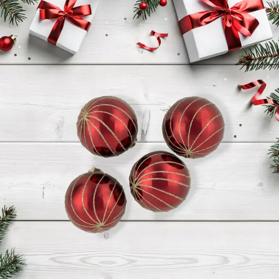 Northlight Glitter Swirl Stripes Christmas Glass Ball Ornaments - 3" (76mm) - Ruby Red - 4ct {3}