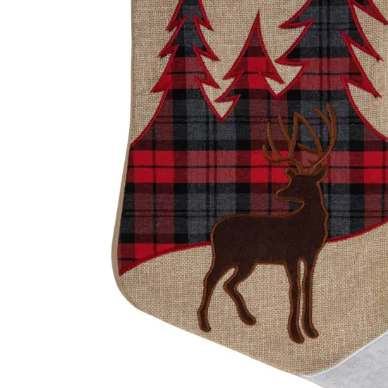 Northlight 19" Beige and Red Plaid Reindeer With Forest Trees Christmas Stocking {4}