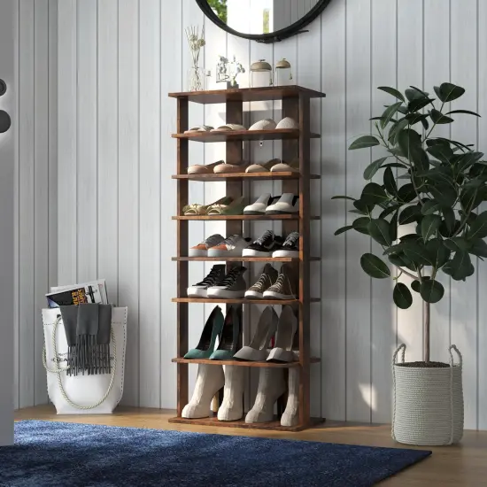 7-Tier Dual 14 Pair Shoe Rack Free Standing Concise Shelves Storage Rustic Brown {2}