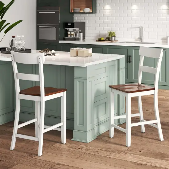 Costway Wooden Bar Stool Set of 2 Bar Chairs with LVL Rubber Wood Frame, Backrest, Footrest Black/White {2}