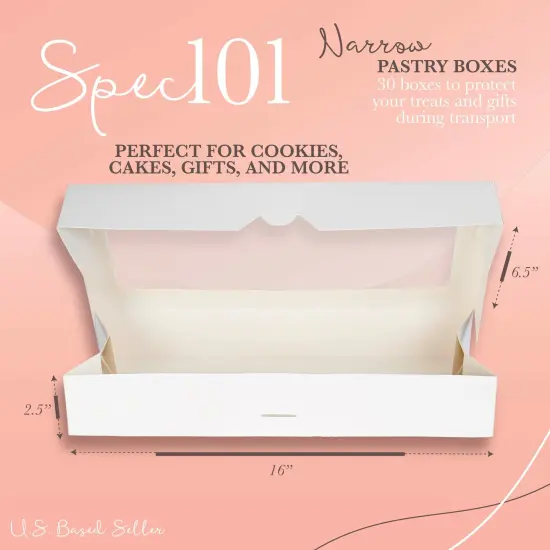 Spec101 Small Cookie Boxes with Window - 30pk 16x6.5in Narrow White Pastry Boxes {3}