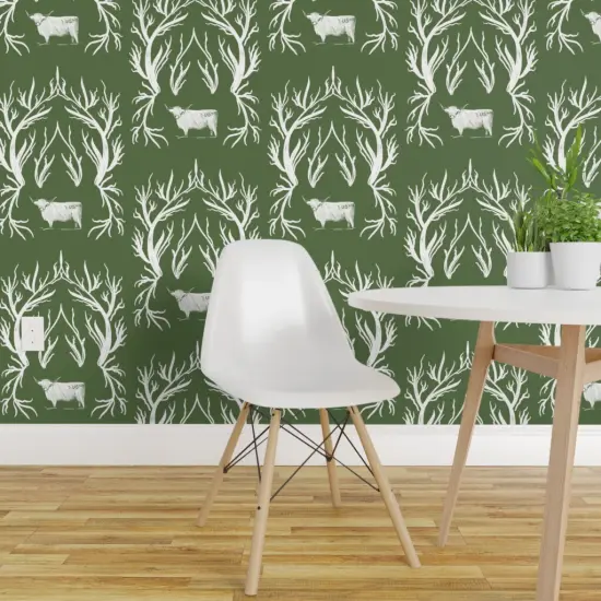 Peel & Stick Wallpaper 2FT Wide Damask Toile Cows Western Green White Rustic Custom Removable Wallpaper by Spoonflower {1}