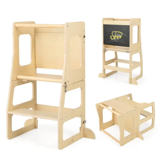 Costway 3-in-1 Foldable Kitchen Standing Tower for Toddlers with Chalkboard Weaning Table Natural {7}