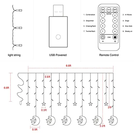 Twinkle Star 138 LED Star Moon Curtain String Lights, 8 Modes Decorations for Ramadan, Christmas, Wedding, Party, Home, Patio Lawn, Warm White (USB Powered) {2}