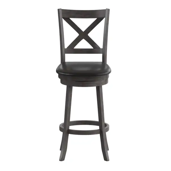 Merrick Lane Sora 30" Classic Wooden Crossback Swivel Bar Height Pub Stool with Upholstered Padded Seat and Integrated Footrest Antique Oak/Black {8}