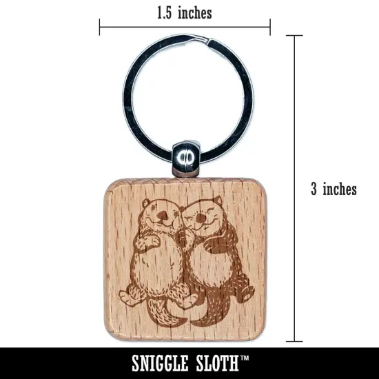Otter Couple Holding Hands Love Anniversary Valentine's Day Engraved Wood Square Keychain Tag Charm {2}
