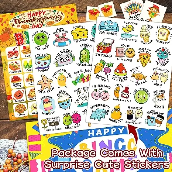 24 Players Thanksgiving Bingo Cards, Thanksgiving Bingo Game for Kids with Punny Stickers Fall Festival Bingo Sets Classroom Family Party Game Holiday Activities {1}