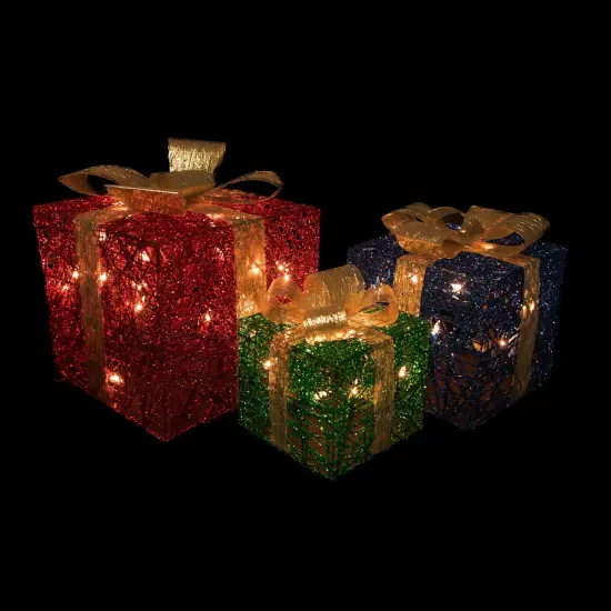 Northlight Set of 3 Lighted Red, Blue and Green Gift Boxes Christmas Decorations 9.75" {6}