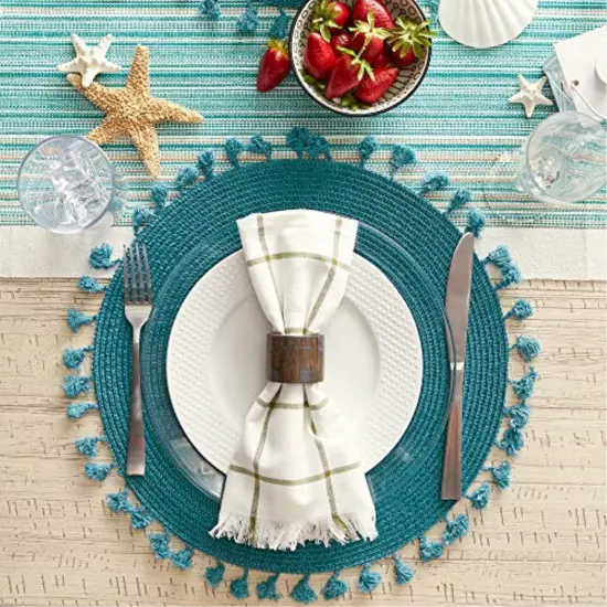 DII Teal Tassel Fringe Pp Woven Round Placemat Set of 6 {3}