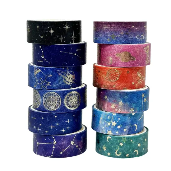 Wrapables Elegant Gold Foil Washi Tape Box Set for Arts & Crafts, Scrapbooking, Stationery, Diary (12 Rolls) Galaxy {1}