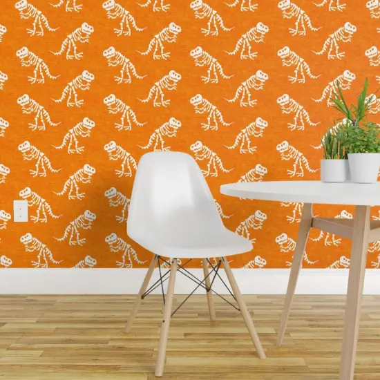 Peel & Stick Wallpaper 2FT Wide Orange Dinosaur Tyrannosaurus Rex Trex Dino Bones Kid Small Scale Jurassic Custom Removable Wallpaper by Spoonflower {1}