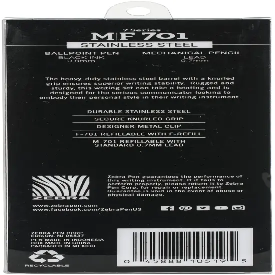 Zebra M/F 701 Stainless Steel Pen & Pencil Gift Set 2/Pkg-Pen 0.8mm & Mechanical Pencil 0.7mm {3}