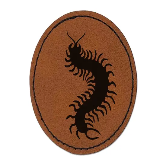 Creepy Crawley Centipede Bug Round Iron-On Engraved Faux Leather Patch Applique - 2.5" Brown {1}