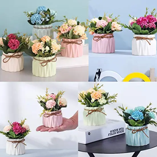 Artificial Flower Plants &ndash; Mini Fake Hydrangea Flowers in Pot for Home Decor Party Wedding Office Patio Table Desk Decoration, Set of 4, 3.3''(D) x 5.5''(H) {1}