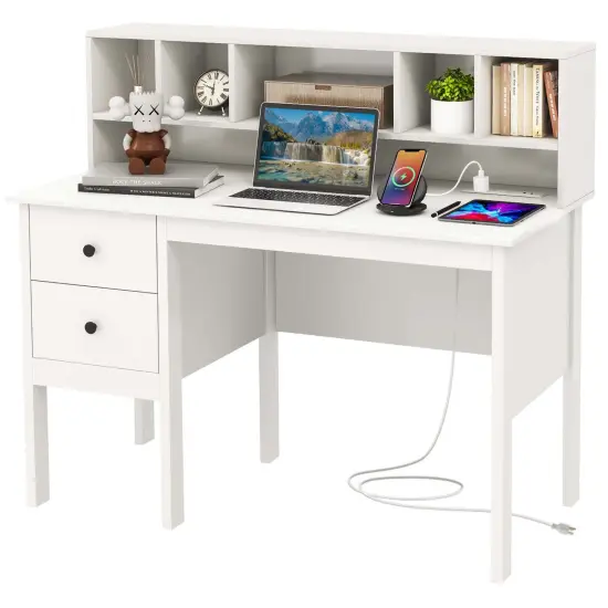 Costway Computer Desk 48" Writing Table w/ Power Outlets 5-Cubby Hutch 2 Storage Drawers {1}