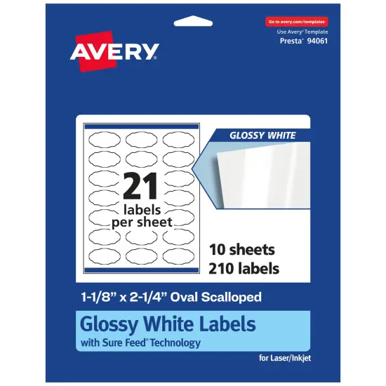 Avery Glossy White Oval Scalloped Labels with Sure Feed, 1-1/8" x 2-1/4" {7}