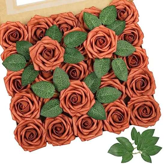 AmyHomie Artificial Flowers Burnt Orange Rose 25pcs Real Looking Fake Roses w/Stem for Fall Decor DIY Wedding Bouquets Centerpieces Arrangements Party Baby Shower Home Decorations {1}