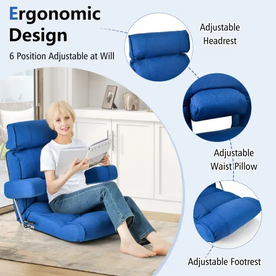 Foldable Floor Sofa Chair with 6-Position Adjustable Headrest and Metal Frame Blue {4}