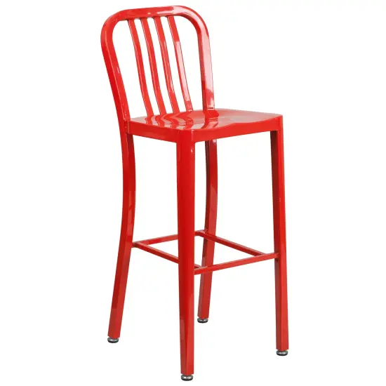 Emma and Oliver Commercial 30" Round Metal Indoor-Outdoor Bar Table Set & 2 Slat Back Stools Red {4}