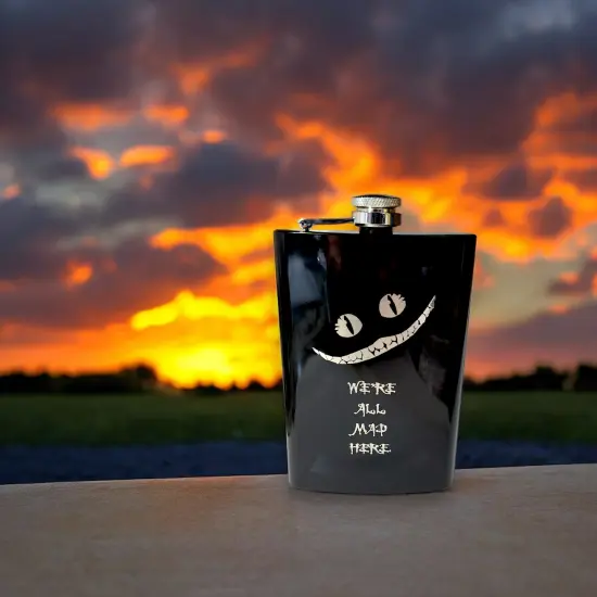 8oz BLACK We're All Mad Here Flask {2}