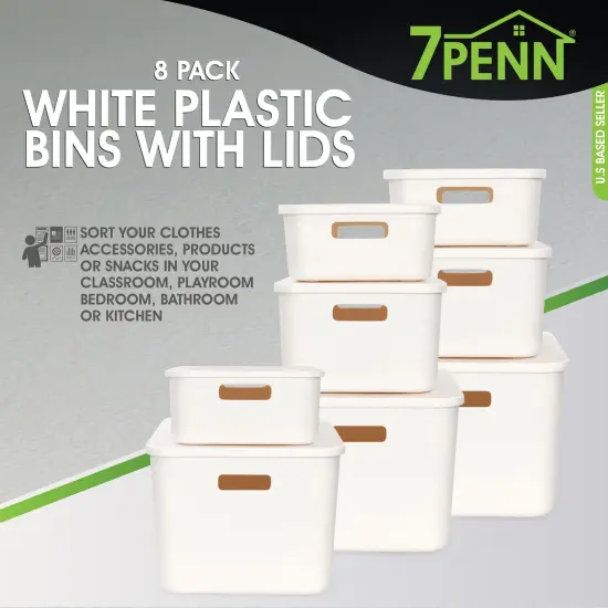 7Penn Pantry Organizer Bins 8 Pieces - White Nordic Plastic Basket Set with Lids {3}