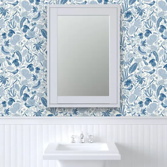 Peel & Stick Wallpaper 2FT Wide Blue Nature Birds Plant Cardinal Botanical Meadow Chintz Quail Southern Medium Scale Custom Removable Wallpaper by Spoonflower {6}