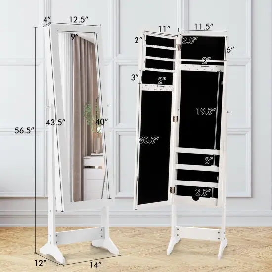 Full Length Mirrored Standing Jewelry Cabinet Storage Box White {2}
