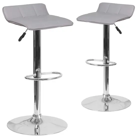 Emma and Oliver 2 Pack Contemporary Vinyl Adjustable Height Barstool with Quilted Wave Seat and Chrome Base Gray {1}
