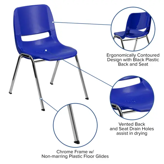 Emma and Oliver Ergonomic Shell Stack Chair - 16" Seat Daycare Home School NavyPlastic/Chrome {3}