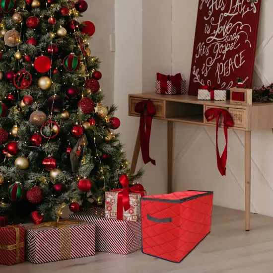 Simple Living 96ct Red and Black Quilted Zip Up Christmas Ornament Storage Tub {4}