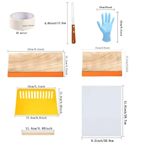 31 Pieces Screen Printing Starter kit Include 4 Different Size of Wood Silk Screen Printing Frame with 110 Mesh, Squeegees, Inkjet Transparency Film, Ink Knife, Gloves and Mask Tape {6}