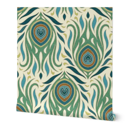 Peel & Stick Wallpaper 2FT Wide Animal Print Feathers Peacocks Birds Green Blue Custom Removable Wallpaper by Spoonflower {7}